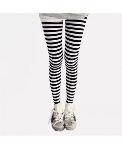 Women Ankle Length Skinny Leggings Black White Horizontal Striped Pants $21.80 - Bottoms