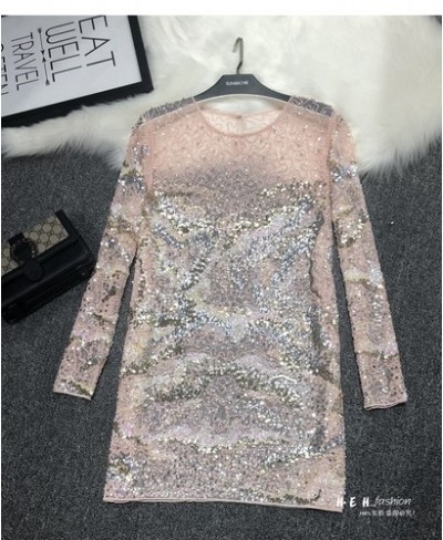 Heavy Industry Fairy Sexy Pink High-quality Temperament Mesh Sequin Dress Women's Mid-length Fish Scale Perspective Dress Wom...