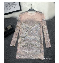 Heavy Industry Fairy Sexy Pink High-quality Temperament Mesh Sequin Dress Women's Mid-length Fish Scale Perspective Dress Wom...