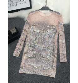 Heavy Industry Fairy Sexy Pink High-quality Temperament Mesh Sequin Dress Women's Mid-length Fish Scale Perspective Dress Wom...