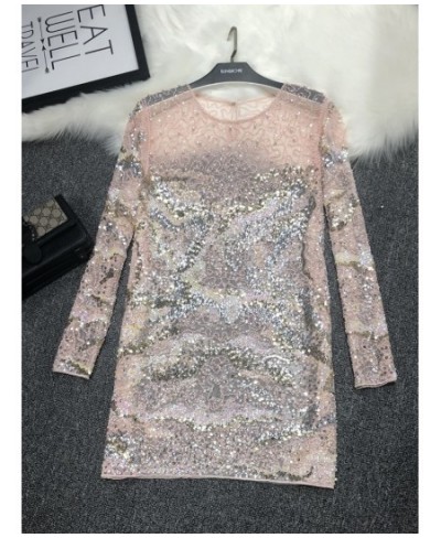 Heavy Industry Fairy Sexy Pink High-quality Temperament Mesh Sequin Dress Women's Mid-length Fish Scale Perspective Dress Wom...