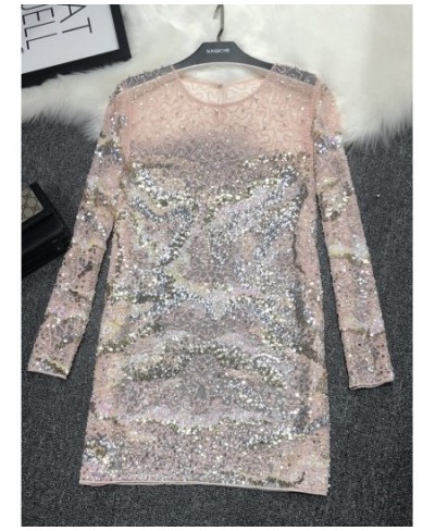 Heavy Industry Fairy Sexy Pink High-quality Temperament Mesh Sequin Dress Women's Mid-length Fish Scale Perspective Dress Wom...