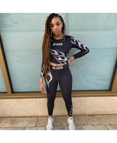 Flame Letter Print Stretchy Two Piece Sets Women Fall Crop Tops+Leggings Matching Tracksuits Workout Female Sportswear $31.04...