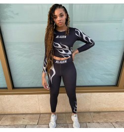 Flame Letter Print Stretchy Two Piece Sets Women Fall Crop Tops+Leggings Matching Tracksuits Workout Female Sportswear $31.04...