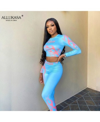 Flame Letter Print Stretchy Two Piece Sets Women Fall Crop Tops+Leggings Matching Tracksuits Workout Female Sportswear $31.04...