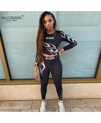 Flame Letter Print Stretchy Two Piece Sets Women Fall Crop Tops+Leggings Matching Tracksuits Workout Female Sportswear $31.04...