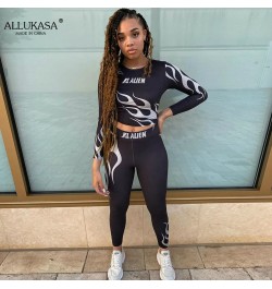 Flame Letter Print Stretchy Two Piece Sets Women Fall Crop Tops+Leggings Matching Tracksuits Workout Female Sportswear $31.04...