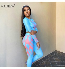 Flame Letter Print Stretchy Two Piece Sets Women Fall Crop Tops+Leggings Matching Tracksuits Workout Female Sportswear $31.04...