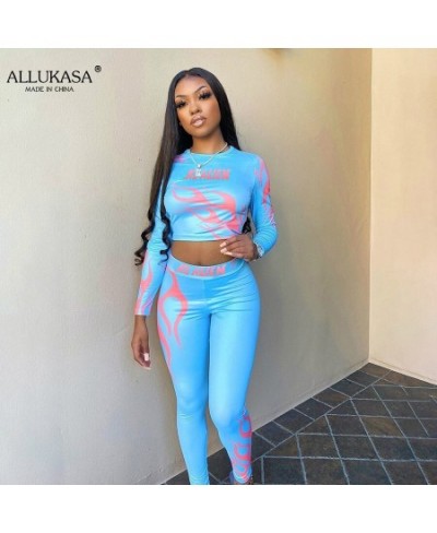 Flame Letter Print Stretchy Two Piece Sets Women Fall Crop Tops+Leggings Matching Tracksuits Workout Female Sportswear $31.04...