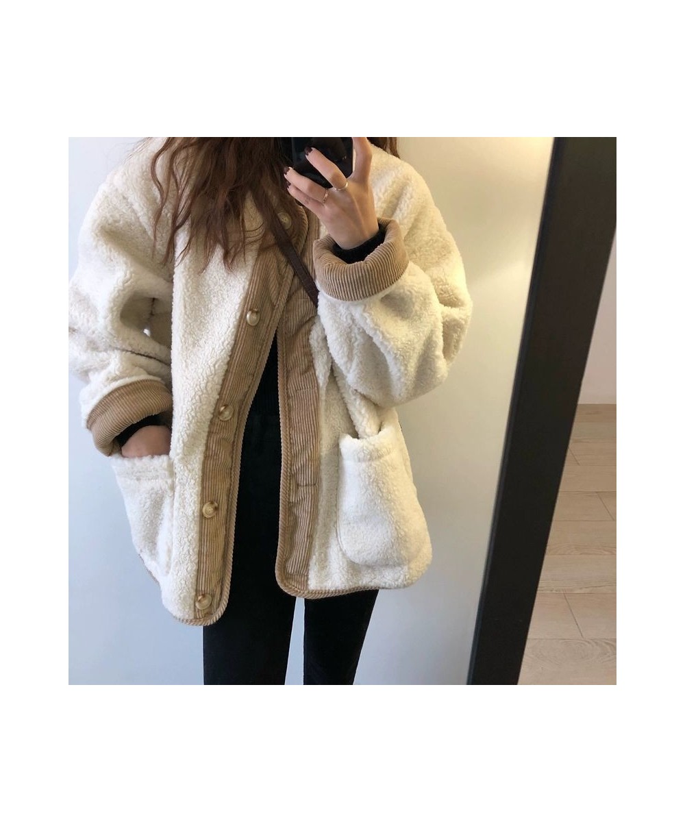 Autumn winter Imitation Lamb Fleece Jacket for Women warm Overcoat vintage Splicing button pocket long sleeve loose Female co...