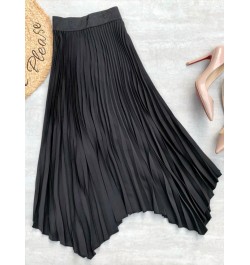 2023 Spring Summer New Satin Midi Long Pleated Skirt Women Korean Style Blue High Waist Mid-Length A Line Skirt Female $31.86...