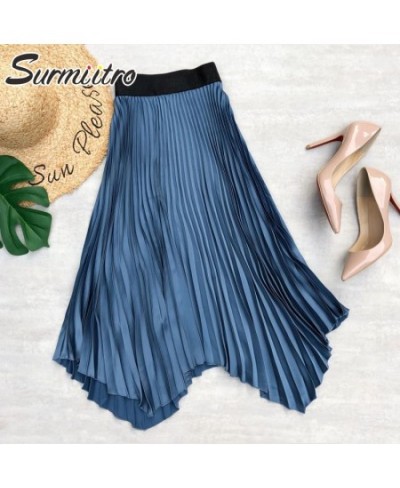 2023 Spring Summer New Satin Midi Long Pleated Skirt Women Korean Style Blue High Waist Mid-Length A Line Skirt Female $31.86...