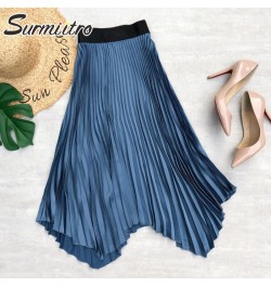 2023 Spring Summer New Satin Midi Long Pleated Skirt Women Korean Style Blue High Waist Mid-Length A Line Skirt Female $31.86...