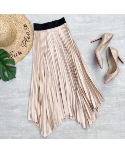 2023 Spring Summer New Satin Midi Long Pleated Skirt Women Korean Style Blue High Waist Mid-Length A Line Skirt Female $31.86...