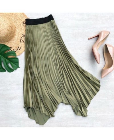 2023 Spring Summer New Satin Midi Long Pleated Skirt Women Korean Style Blue High Waist Mid-Length A Line Skirt Female $31.86...