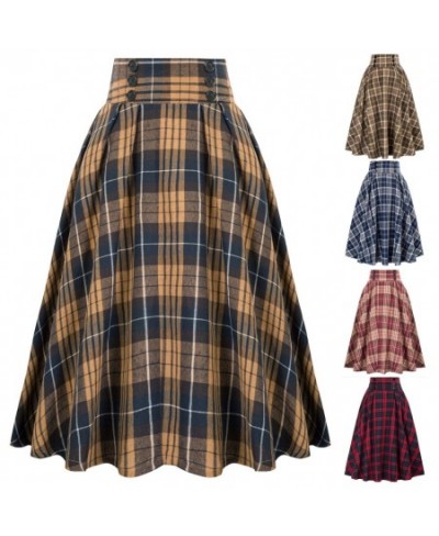 Womens Vintage Midi Plaid Skirt High Waisted Ruffles A-line Maxi Pleated Skirt with Pockets Below Knee Length skirt $43.88 - ...