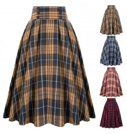 Womens Vintage Midi Plaid Skirt High Waisted Ruffles A-line Maxi Pleated Skirt with Pockets Below Knee Length skirt $43.88 - ...