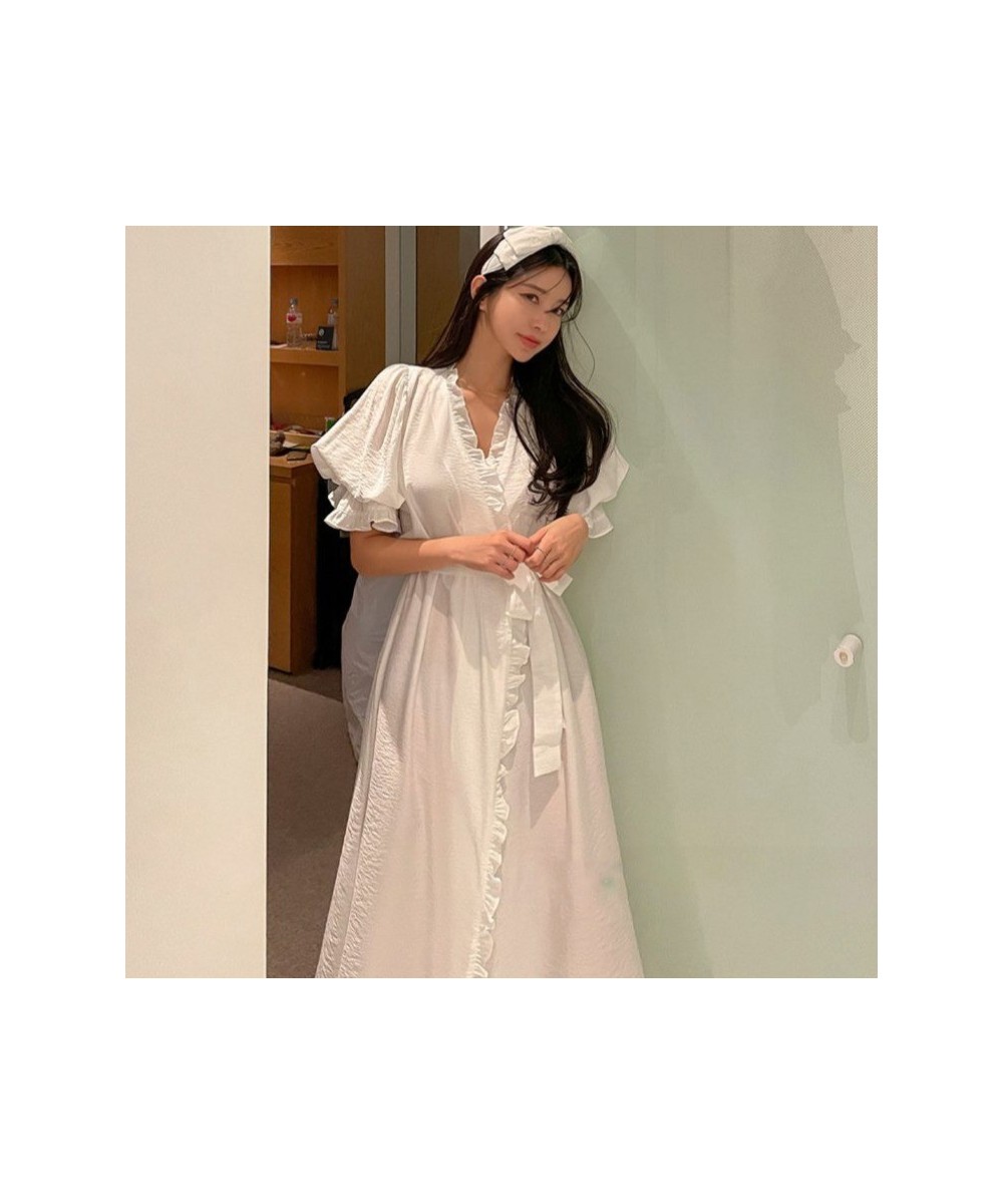 Women's Ruffles Bathrobe Short Sleeve Solid Korea Style Ladies Dressing Gown Puffer Sleeve Homesuit Nightwear For Female $48....