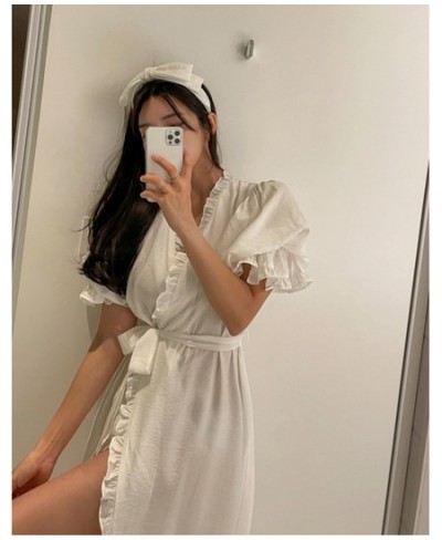 Women's Ruffles Bathrobe Short Sleeve Solid Korea Style Ladies Dressing Gown Puffer Sleeve Homesuit Nightwear For Female $48....