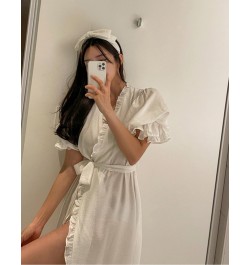 Women's Ruffles Bathrobe Short Sleeve Solid Korea Style Ladies Dressing Gown Puffer Sleeve Homesuit Nightwear For Female $48....