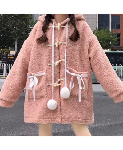 Woolen Coat Women Winter Cardigan Hooded Cute Kawaii Pink Lolita Coats Female Lamb Cotton Padded Embroidered Jacket $50.31 - ...