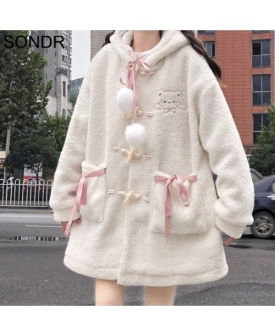 Woolen Coat Women Winter Cardigan Hooded Cute Kawaii Pink Lolita Coats Female Lamb Cotton Padded Embroidered Jacket $50.31 - ...