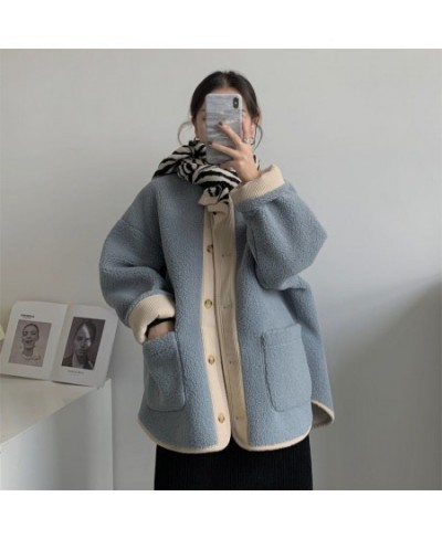 Autumn winter Imitation Lamb Fleece Jacket for Women warm Overcoat vintage Splicing button pocket long sleeve loose Female co...