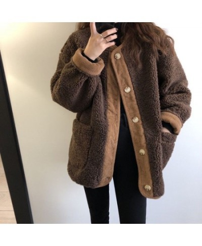 Autumn winter Imitation Lamb Fleece Jacket for Women warm Overcoat vintage Splicing button pocket long sleeve loose Female co...