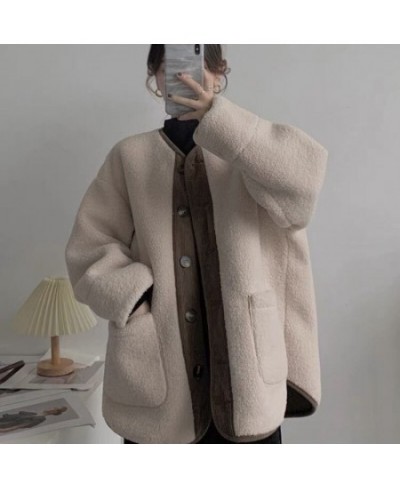 Autumn winter Imitation Lamb Fleece Jacket for Women warm Overcoat vintage Splicing button pocket long sleeve loose Female co...