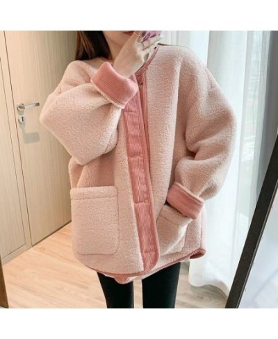 Autumn winter Imitation Lamb Fleece Jacket for Women warm Overcoat vintage Splicing button pocket long sleeve loose Female co...