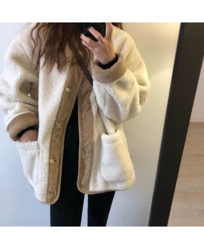 Autumn winter Imitation Lamb Fleece Jacket for Women warm Overcoat vintage Splicing button pocket long sleeve loose Female co...