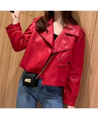 Women's Lapel Pocket Short Wash Faux Leather Jacket Zipper Motorcycle Red Leather Jacket Women's Casual Black PU Leather Jack...