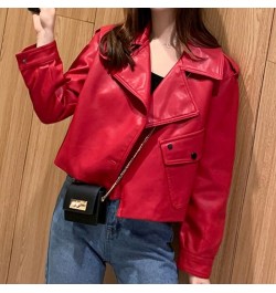 Women's Lapel Pocket Short Wash Faux Leather Jacket Zipper Motorcycle Red Leather Jacket Women's Casual Black PU Leather Jack...