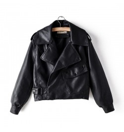 Women's Lapel Pocket Short Wash Faux Leather Jacket Zipper Motorcycle Red Leather Jacket Women's Casual Black PU Leather Jack...