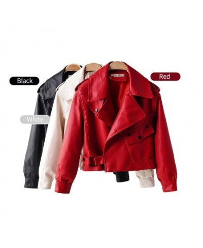 Women's Lapel Pocket Short Wash Faux Leather Jacket Zipper Motorcycle Red Leather Jacket Women's Casual Black PU Leather Jack...