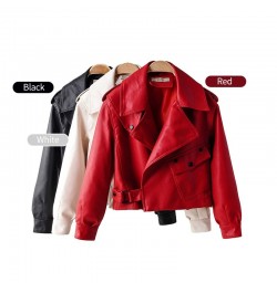 Women's Lapel Pocket Short Wash Faux Leather Jacket Zipper Motorcycle Red Leather Jacket Women's Casual Black PU Leather Jack...