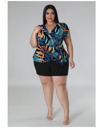 Plus Size Plus Size Shorts Sets Two Piece Outfits Women Short Sleeve V Neck Print Top with Bandage Solid Wholesale $38.36 - P...