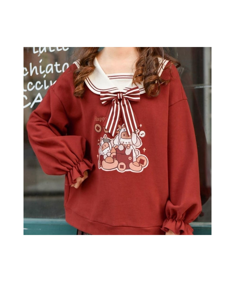 Cute Red Cartoon Hoodie Girl Harajuku Autumn Sailor Collar Tops Loose Japan Kpop Women Casual High Street Funny Sweatshirts $...