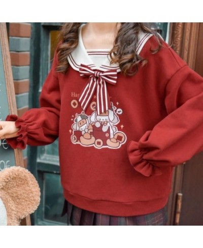 Cute Red Cartoon Hoodie Girl Harajuku Autumn Sailor Collar Tops Loose Japan Kpop Women Casual High Street Funny Sweatshirts $...