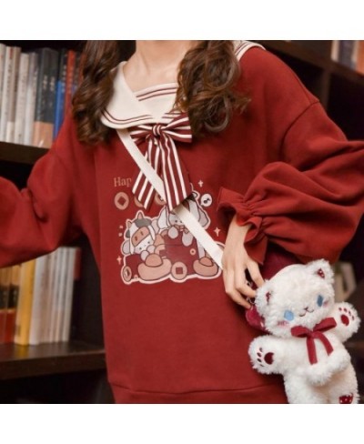 Cute Red Cartoon Hoodie Girl Harajuku Autumn Sailor Collar Tops Loose Japan Kpop Women Casual High Street Funny Sweatshirts $...