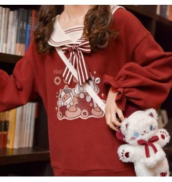 Cute Red Cartoon Hoodie Girl Harajuku Autumn Sailor Collar Tops Loose Japan Kpop Women Casual High Street Funny Sweatshirts $...