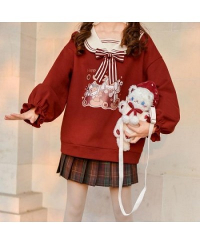 Cute Red Cartoon Hoodie Girl Harajuku Autumn Sailor Collar Tops Loose Japan Kpop Women Casual High Street Funny Sweatshirts $...