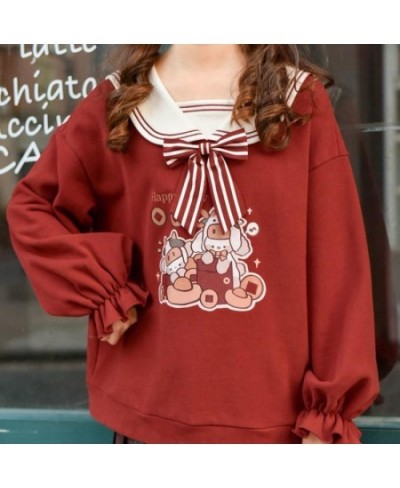 Cute Red Cartoon Hoodie Girl Harajuku Autumn Sailor Collar Tops Loose Japan Kpop Women Casual High Street Funny Sweatshirts $...