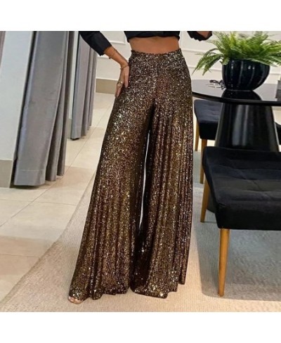 Women Sexy Sequins Shiny Party Pants Autumn Casual Wide Leg Hem Pleated Trousers Ladies Fashion High Waist Office Sweatpants ...