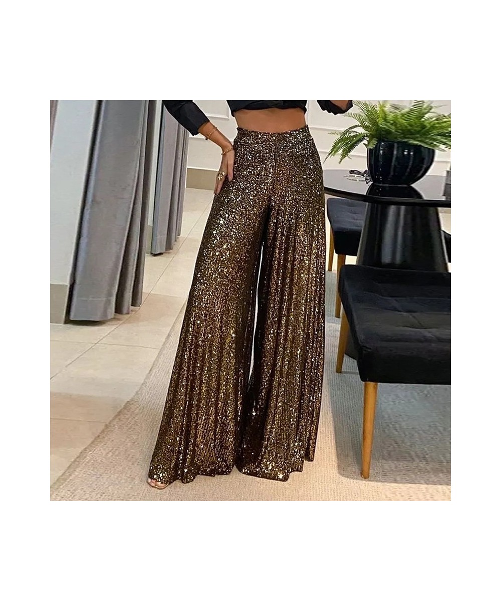 Women Sexy Sequins Shiny Party Pants Autumn Casual Wide Leg Hem Pleated Trousers Ladies Fashion High Waist Office Sweatpants ...