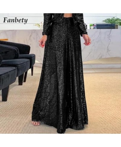 Women Sexy Sequins Shiny Party Pants Autumn Casual Wide Leg Hem Pleated Trousers Ladies Fashion High Waist Office Sweatpants ...