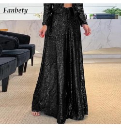 Women Sexy Sequins Shiny Party Pants Autumn Casual Wide Leg Hem Pleated Trousers Ladies Fashion High Waist Office Sweatpants ...