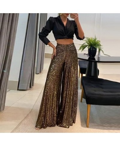 Women Sexy Sequins Shiny Party Pants Autumn Casual Wide Leg Hem Pleated Trousers Ladies Fashion High Waist Office Sweatpants ...