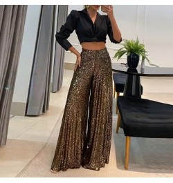 Women Sexy Sequins Shiny Party Pants Autumn Casual Wide Leg Hem Pleated Trousers Ladies Fashion High Waist Office Sweatpants ...