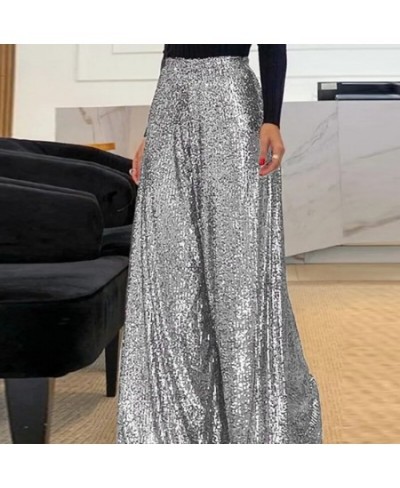 Women Sexy Sequins Shiny Party Pants Autumn Casual Wide Leg Hem Pleated Trousers Ladies Fashion High Waist Office Sweatpants ...